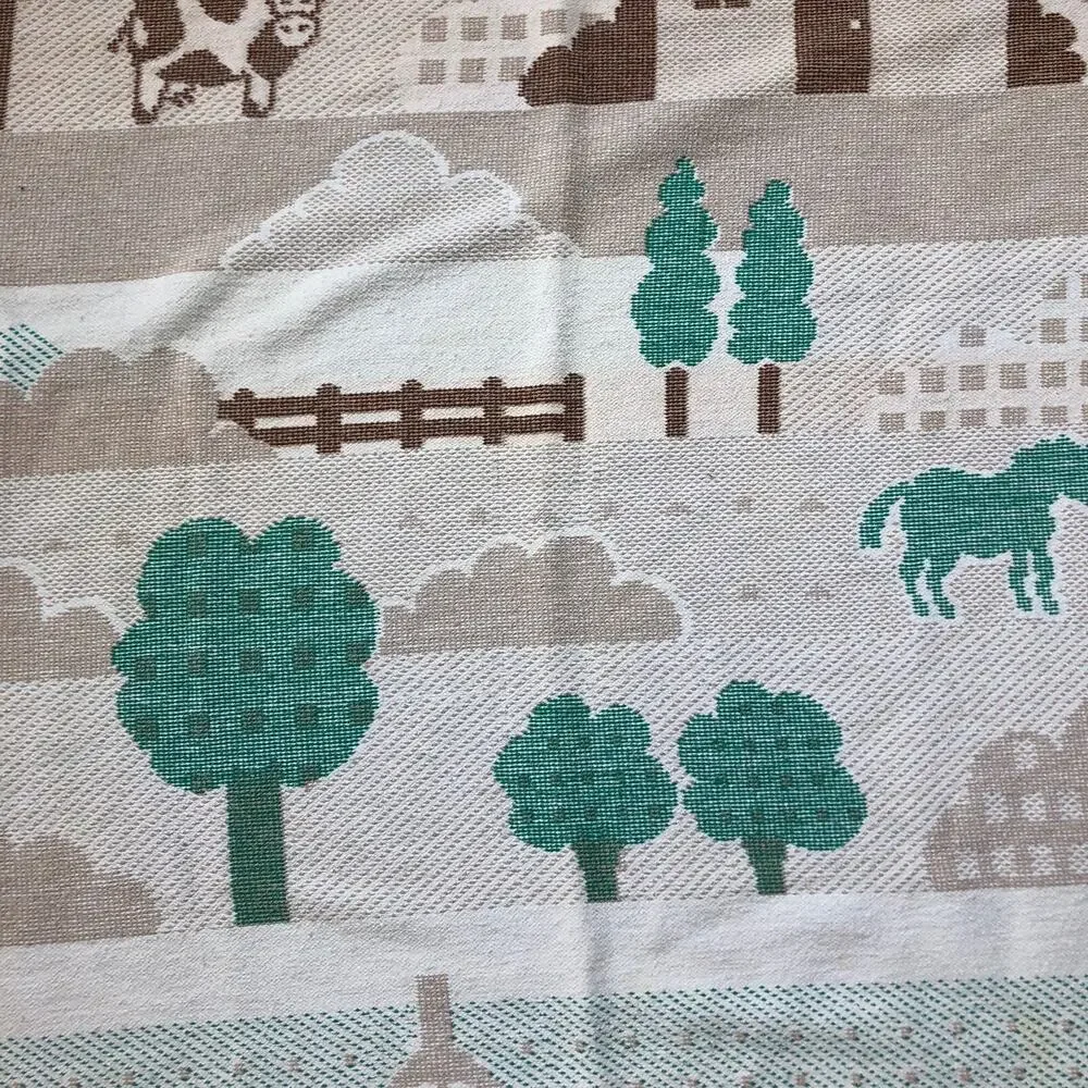 Cotton Throw Blanket Mora Made in Spain House and Trees Tan Green 44x54in Vtg